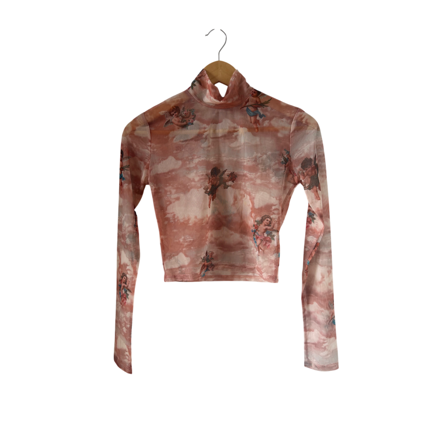 Engel Shirt Damen Mesh Bluse Top Gr M Transparent Langarm Rosa Himmel Figurbetont
