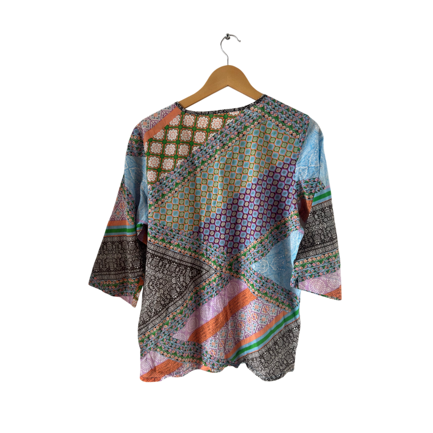 Boho Bluse Damen Gr 40 Patchwork Baumwolle Bunt 3/4 Arm Ethno Sommer Festival