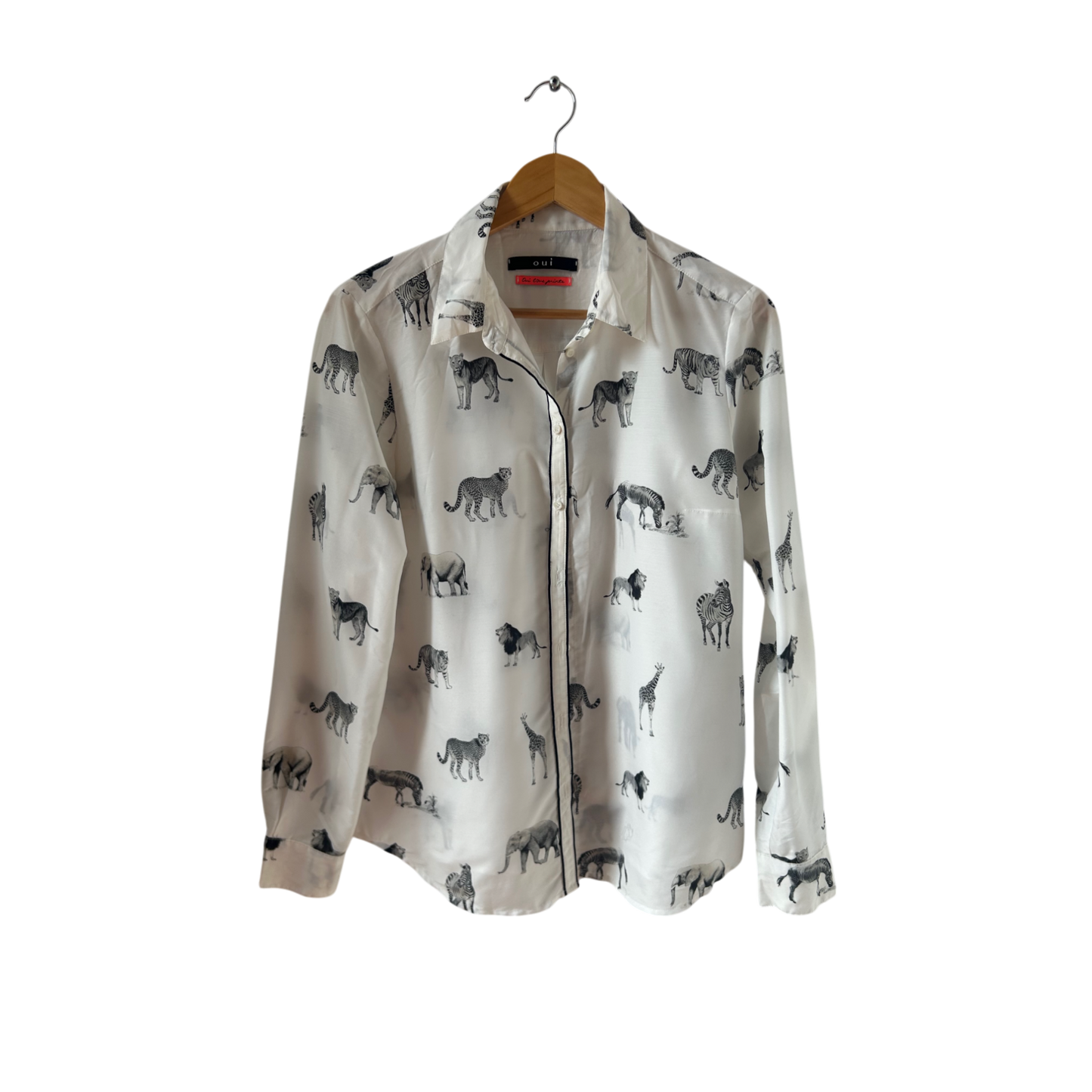 Oui Bluse Safari Gr 40 Weiß Schwarz Viskose Seide Langarm Edel Elegant