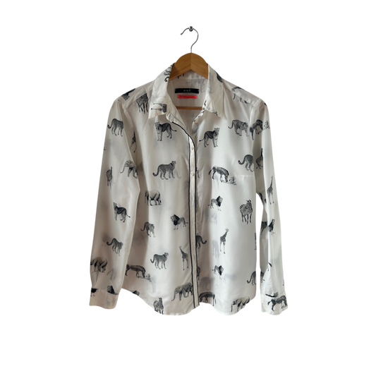 Oui Bluse Safari Gr 40 Weiß Schwarz Viskose Seide Langarm Edel Elegant