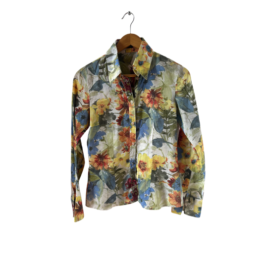 Otto Kern Bluse Damen Gr 34 Baumwolle Bunt Langarm Blumen Klassisch Elegant Sommer