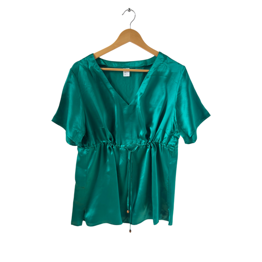 Damen Bluse Gr 42 100 Seide Smaragdgrün Kurzarm Sommer Tunika Elegant V-Ausschnitt