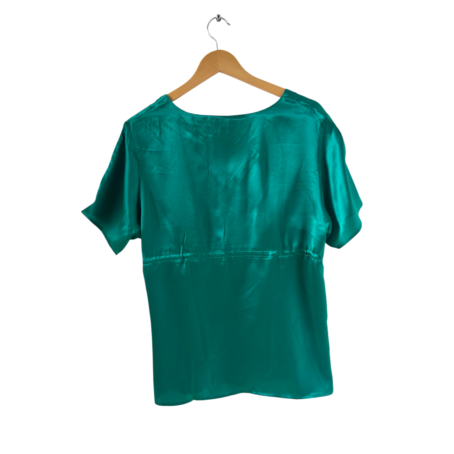 Damen Bluse Gr 42 100 Seide Smaragdgrün Kurzarm Sommer Tunika Elegant V-Ausschnitt
