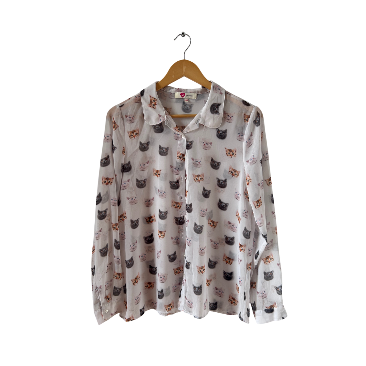 Ole by Koton Bluse Damen Gr 40 Weiß Transparent Katzenmuster Langarm Freizeit