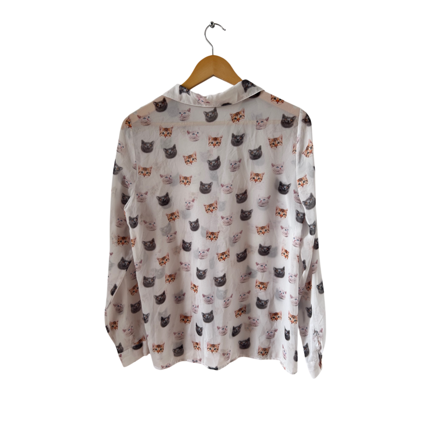 Ole by Koton Bluse Damen Gr 40 Weiß Transparent Katzenmuster Langarm Freizeit