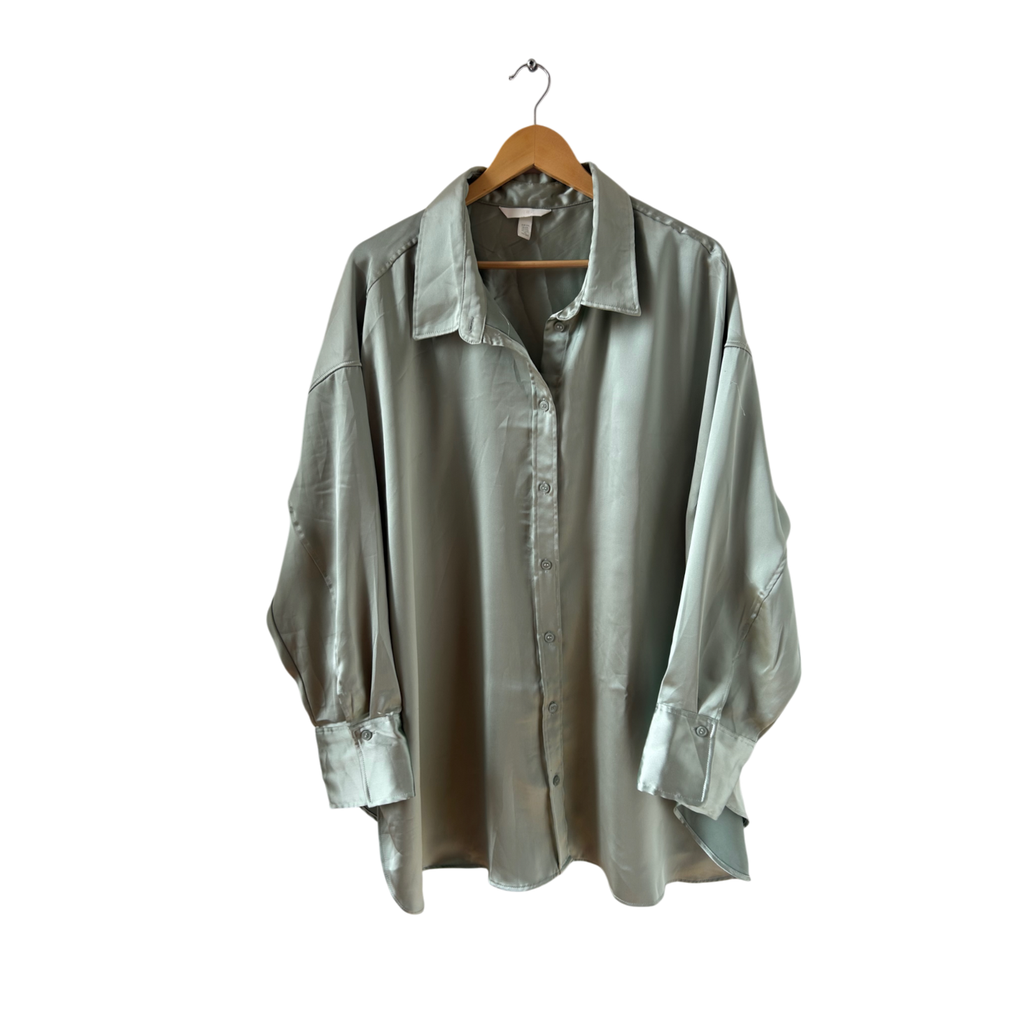 H&M Bluse Damen Gr XXL Hellgrün Oversize Langarm Satin Look Elegant Büro Chic