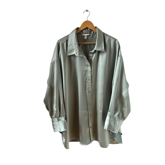 H&M Bluse Damen Gr XXL Hellgrün Oversize Langarm Satin Look Elegant Büro Chic