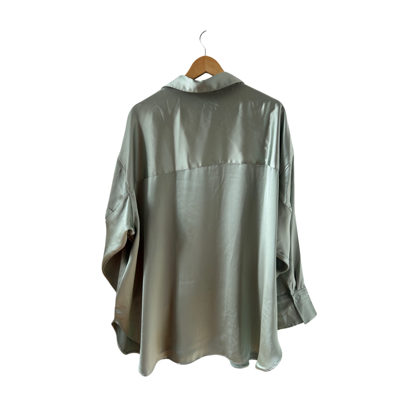 H&M Bluse Damen Gr XXL Hellgrün Oversize Langarm Satin Look Elegant Büro Chic