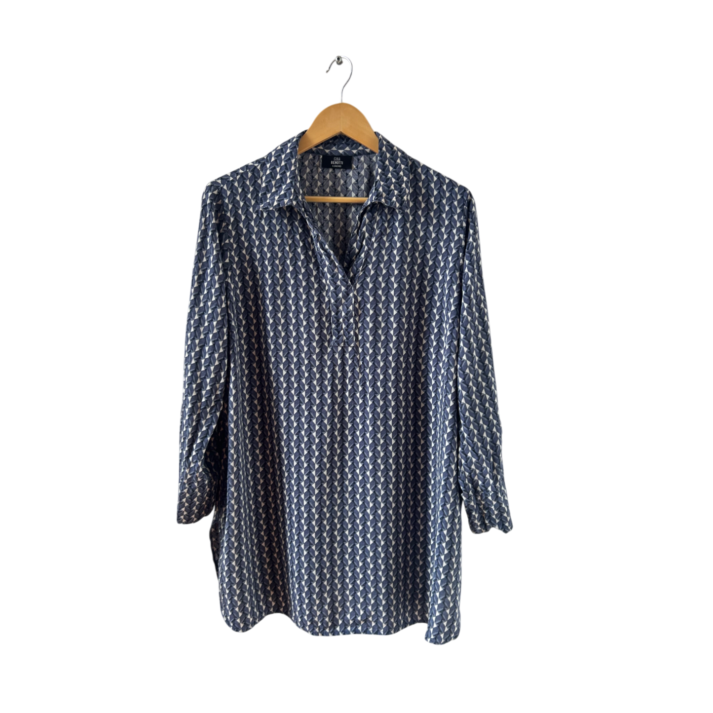 Gina Benotti Bluse Damen Gr L Blau Muster Langarm Viskose Freizeit Büro Modern