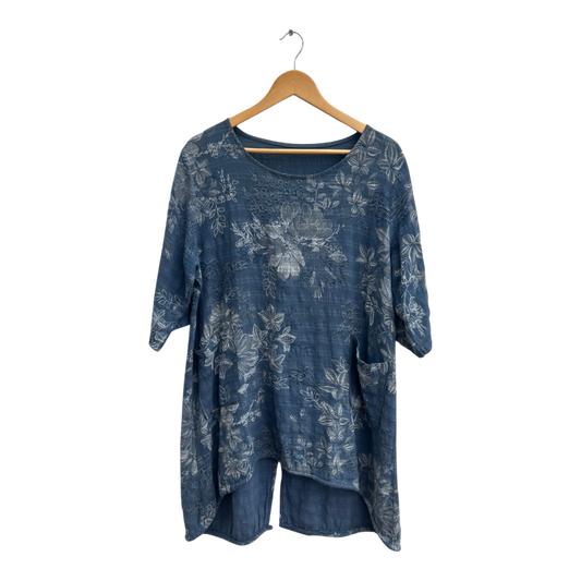 Made in Italy Tunika Kleid Gr 44 Blau Weiß Baumwolle Floral Sommer Oversize Look