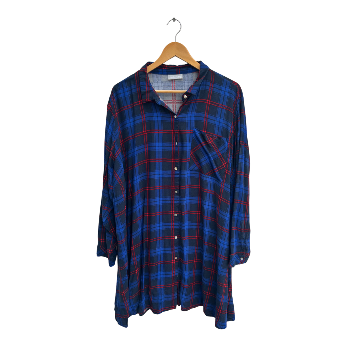 Janina Bluse Damen Longbluse Gr 54 Blau Rot Kariert Viskose Hemdbluse Oversize Casual
