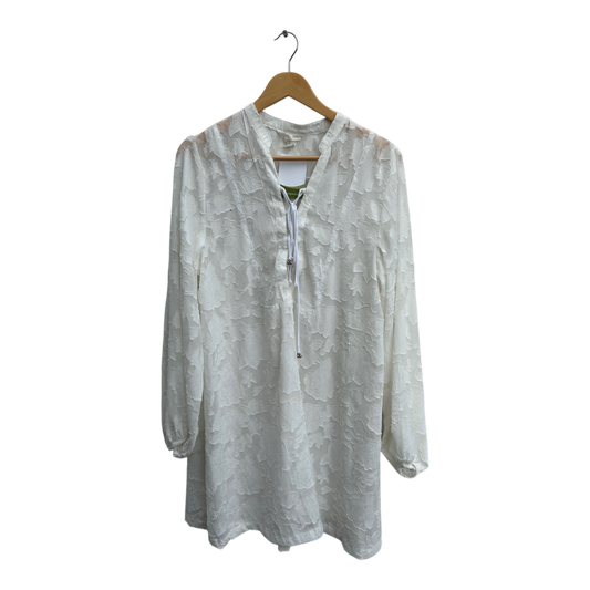 H&M Bluse Damen Tunika Gr 46 Weiß Transparent Struktur Langarm V-Ausschnitt Elegant