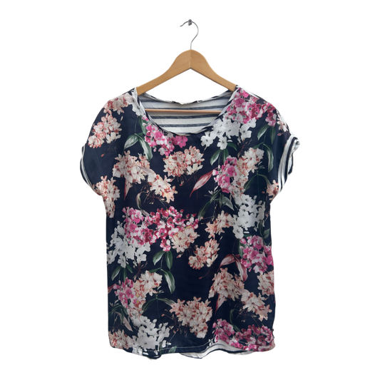 Oui Damen Shirt Gr 38 Navy Blumenmuster Baumwolle Polyester Kurzarm Sommer Top