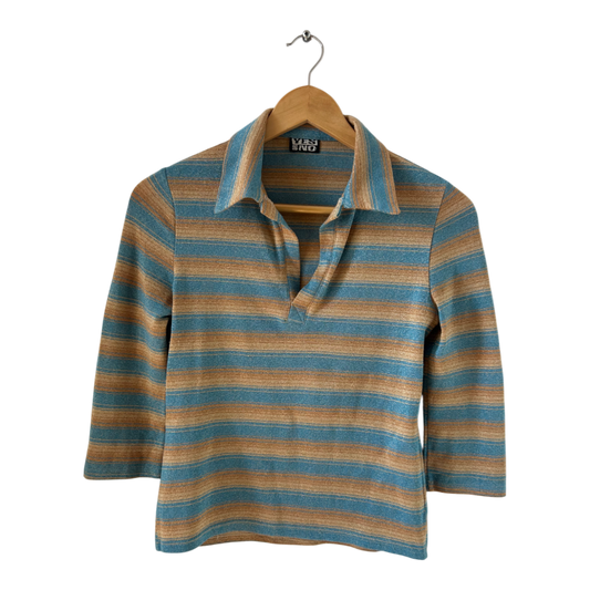Yes or No Damen Shirt Gr M Vintage Streifen Glitzer 3/4 Arm Polo Kragen France