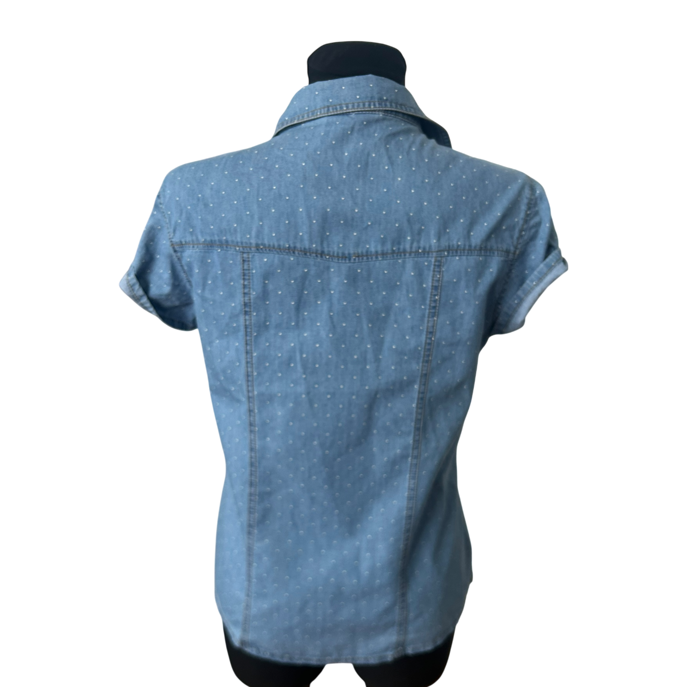 Yessica Damen Jeansbluse Kurzarm Gr 36 Blau Gepunktet Casual Baumwollmix