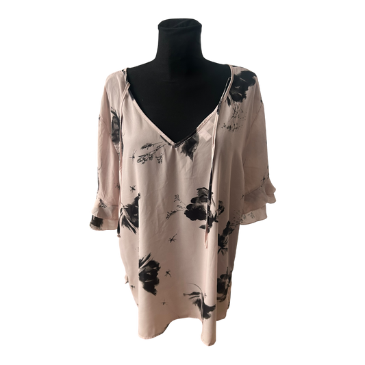 Bonprix Damen Bluse Größe 54 Rosé Schwarz Muster V-Ausschnitt 3/4-Arm