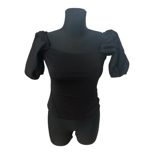 H&M Damen Bluse Shirt Gr S Schwarz Kurzarm Puffärmel Baumwollmix Casual