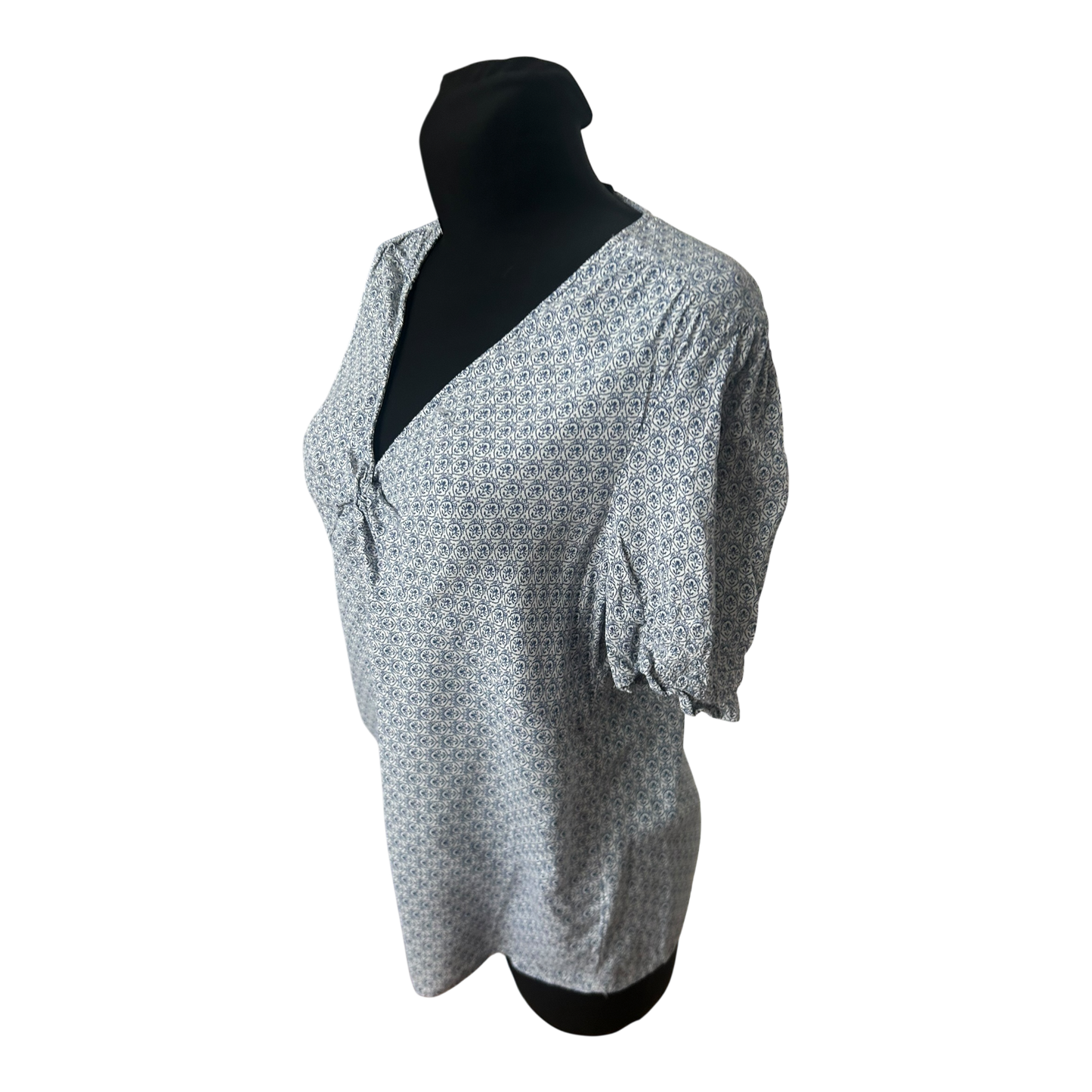 Yessica Damen Bluse Größe 42 Blau Weiß Muster Kurzarm Sommer Viskose Casual