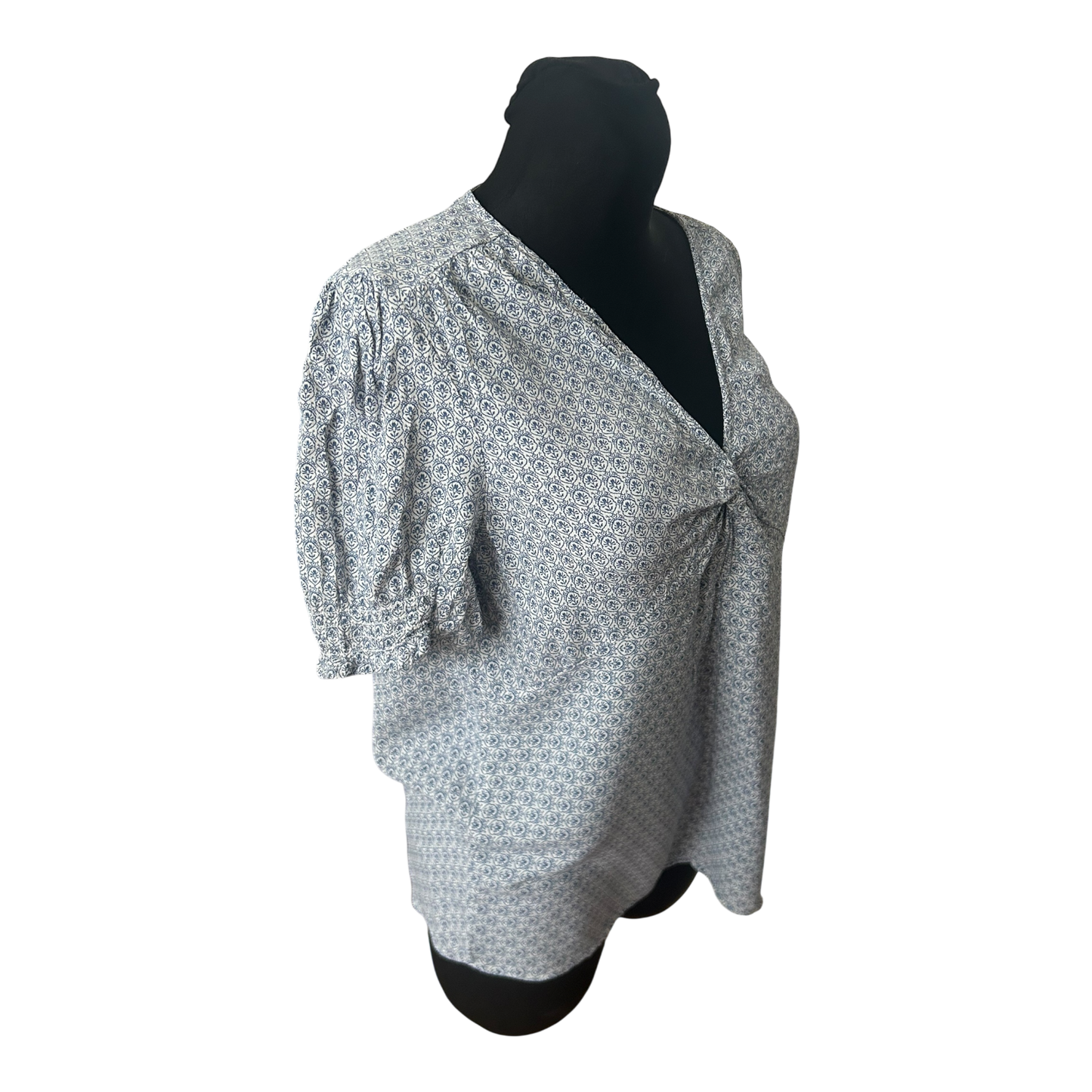 Yessica Damen Bluse Größe 42 Blau Weiß Muster Kurzarm Sommer Viskose Casual