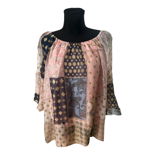 Damen Bluse Tunika Gr L Patchwork Muster Seide Viskose 3/4 Arm Elegant