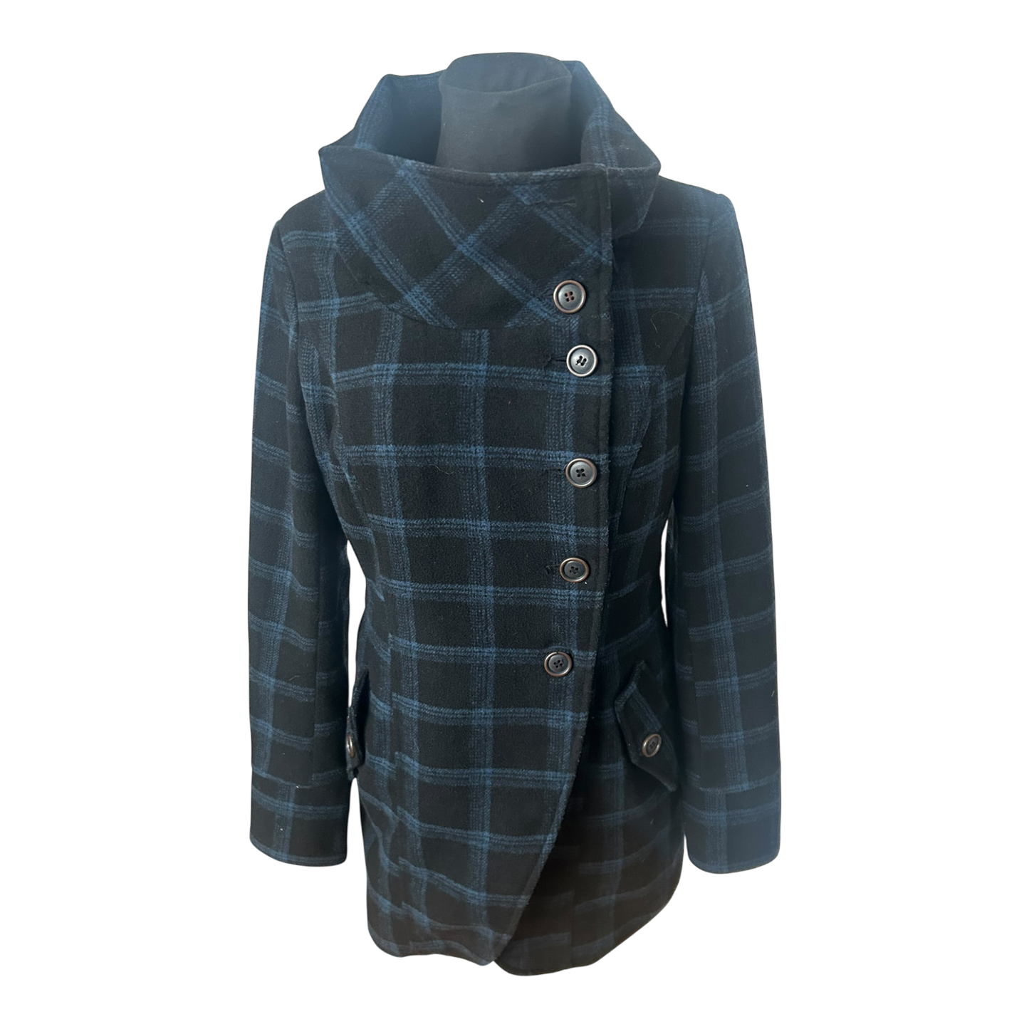 Fresh Made Mantel Damen Gr M Schwarz Blau Kariert Elegant Wollmix