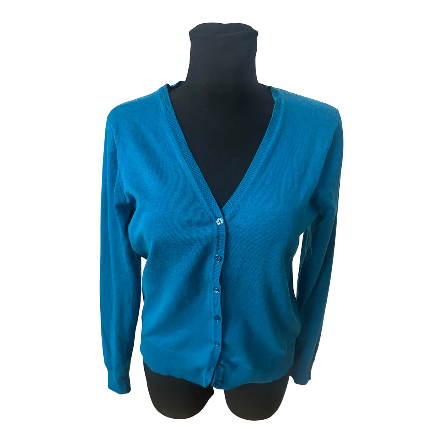 WE Damen Strickjacke Gr M Türkis Blau V-Ausschnitt Baumwollmix Langarm