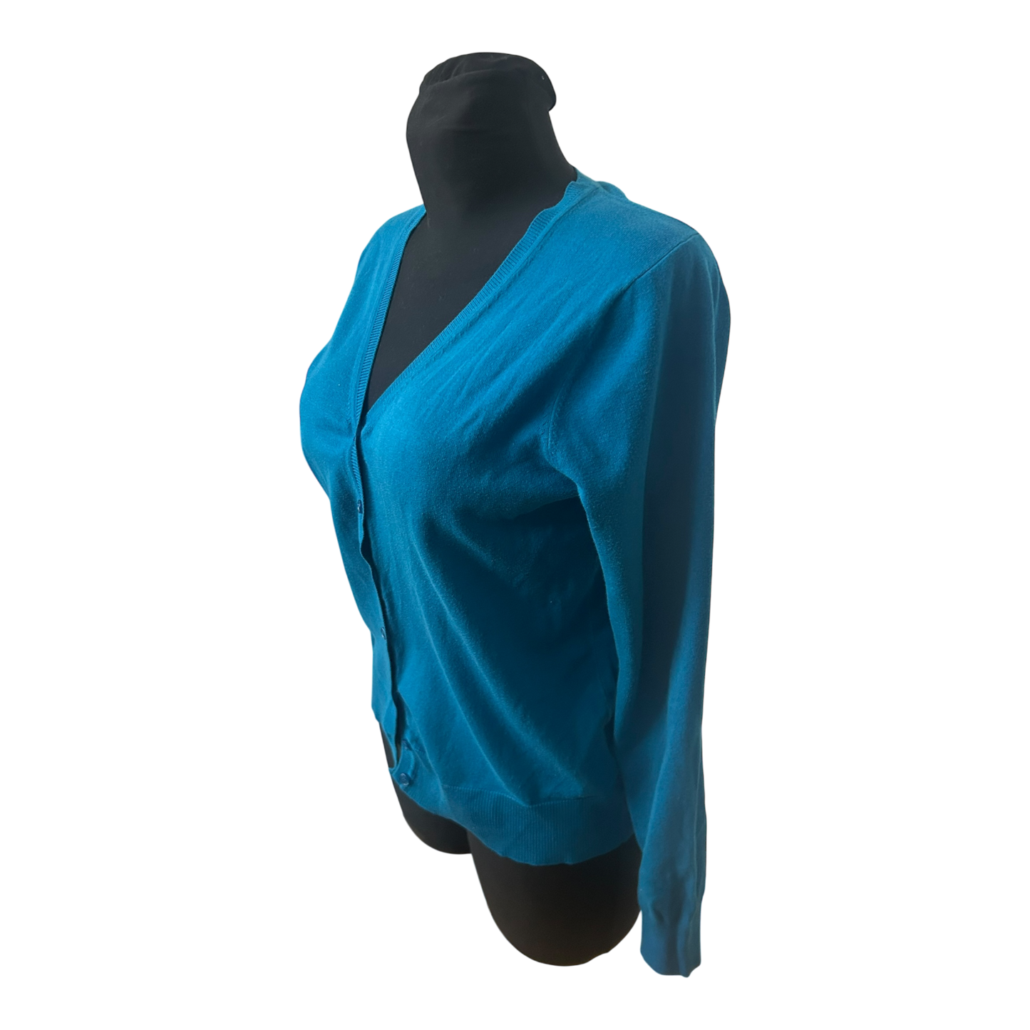 WE Damen Strickjacke Gr M Türkis Blau V-Ausschnitt Baumwollmix Langarm