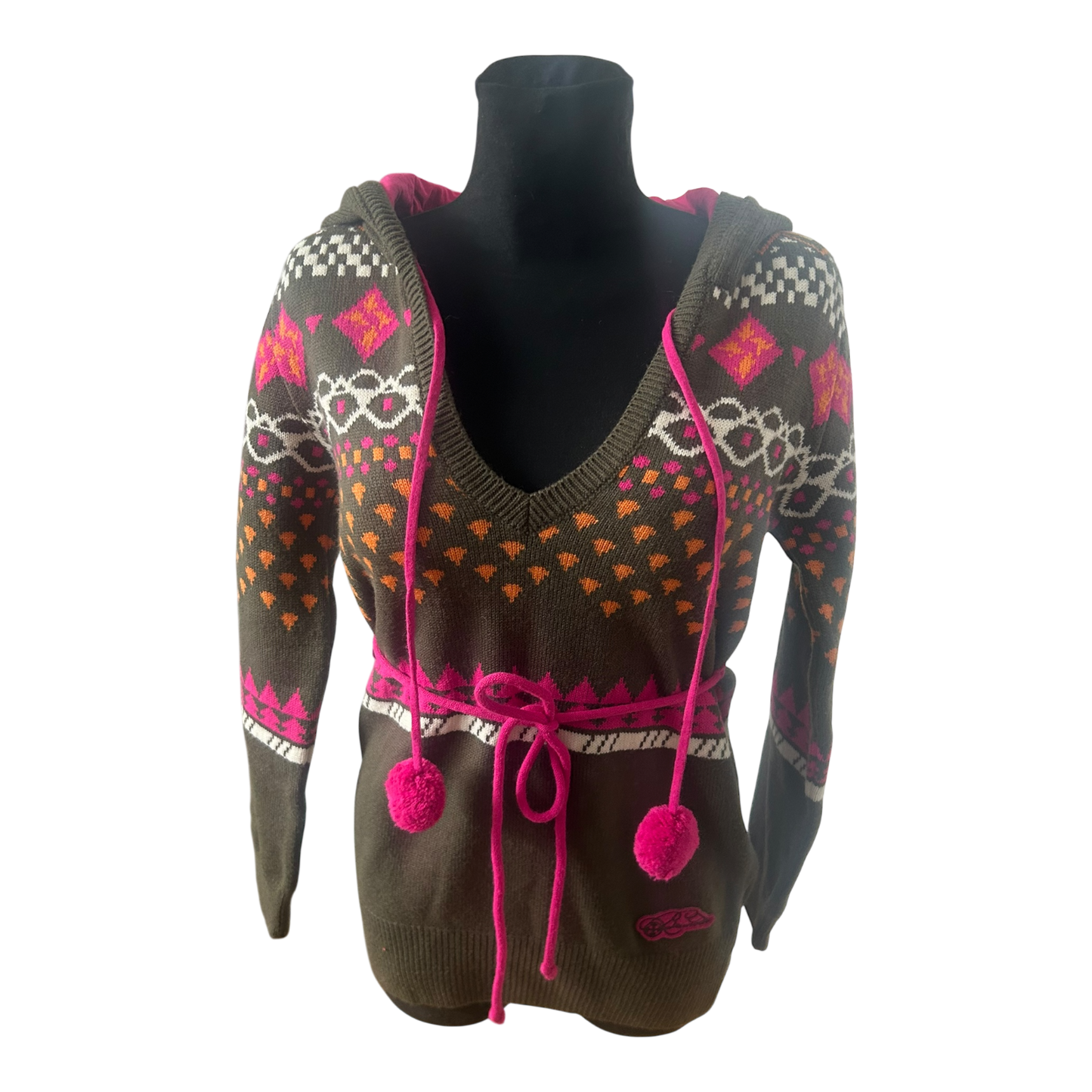 Damen Strickpullover Gr M Khaki Pink Muster Kapuze Bindegürtel Stretch