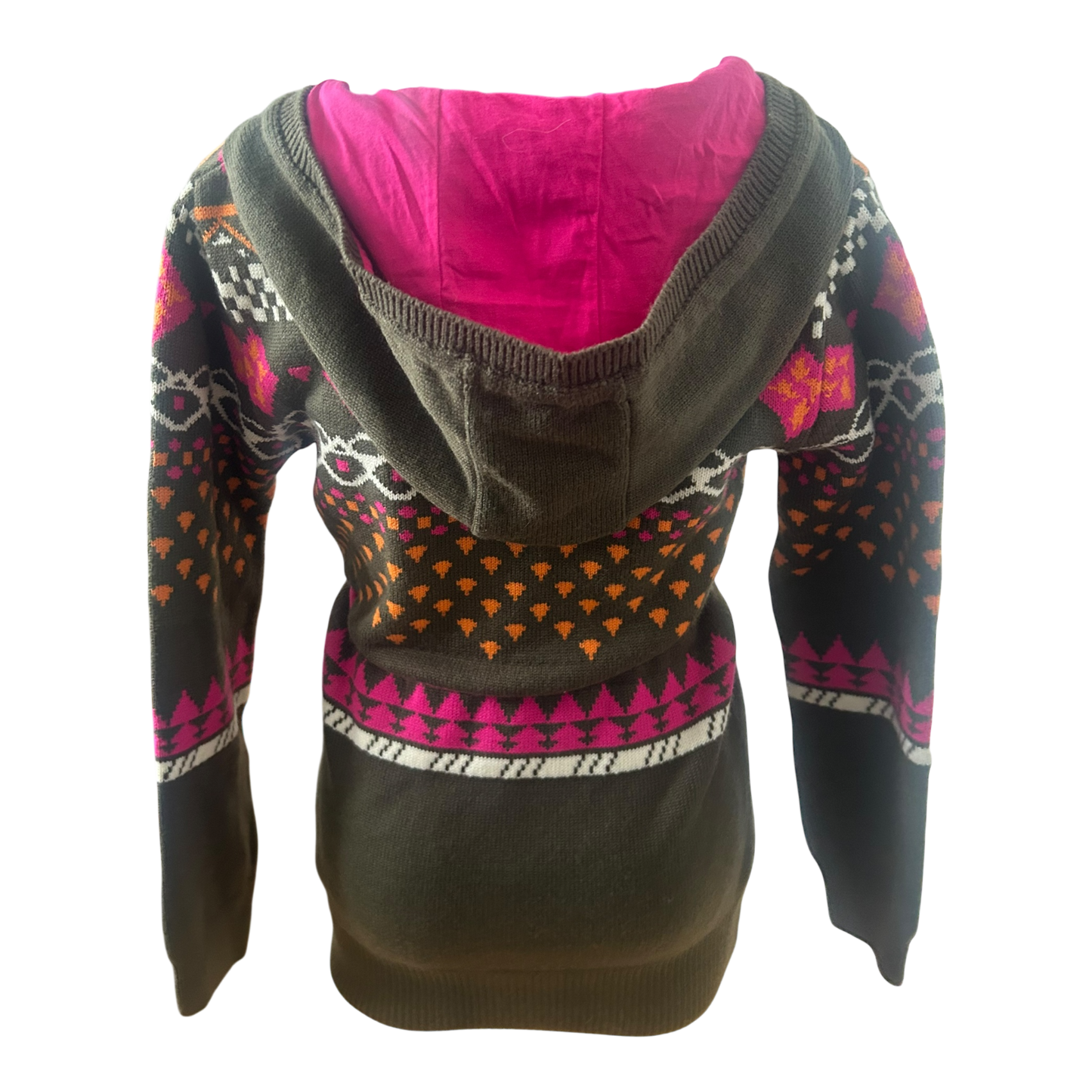 Damen Strickpullover Gr M Khaki Pink Muster Kapuze Bindegürtel Stretch