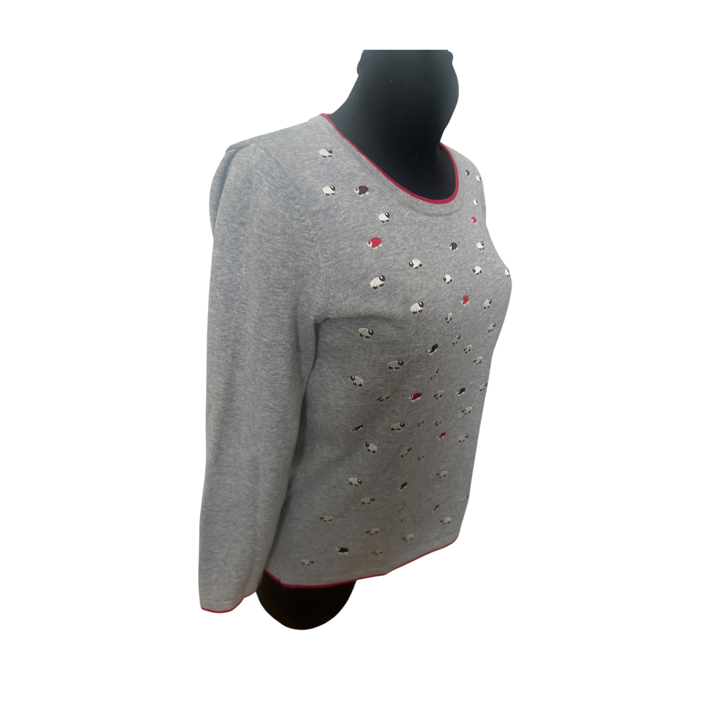 Mona Damen Pullover Gr 40 Grau Baumwolle Langarm Schafe Muster Freizeit