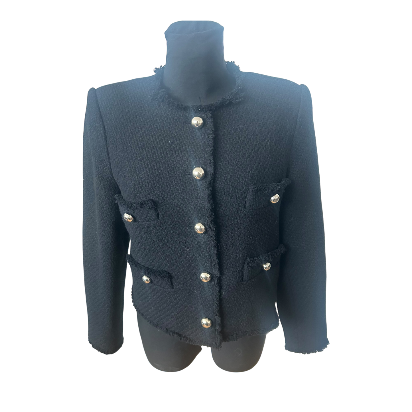 Mango Jacke Damen Gr L Schwarz Tweed Look Elegant Klassisch Goldknöpfe