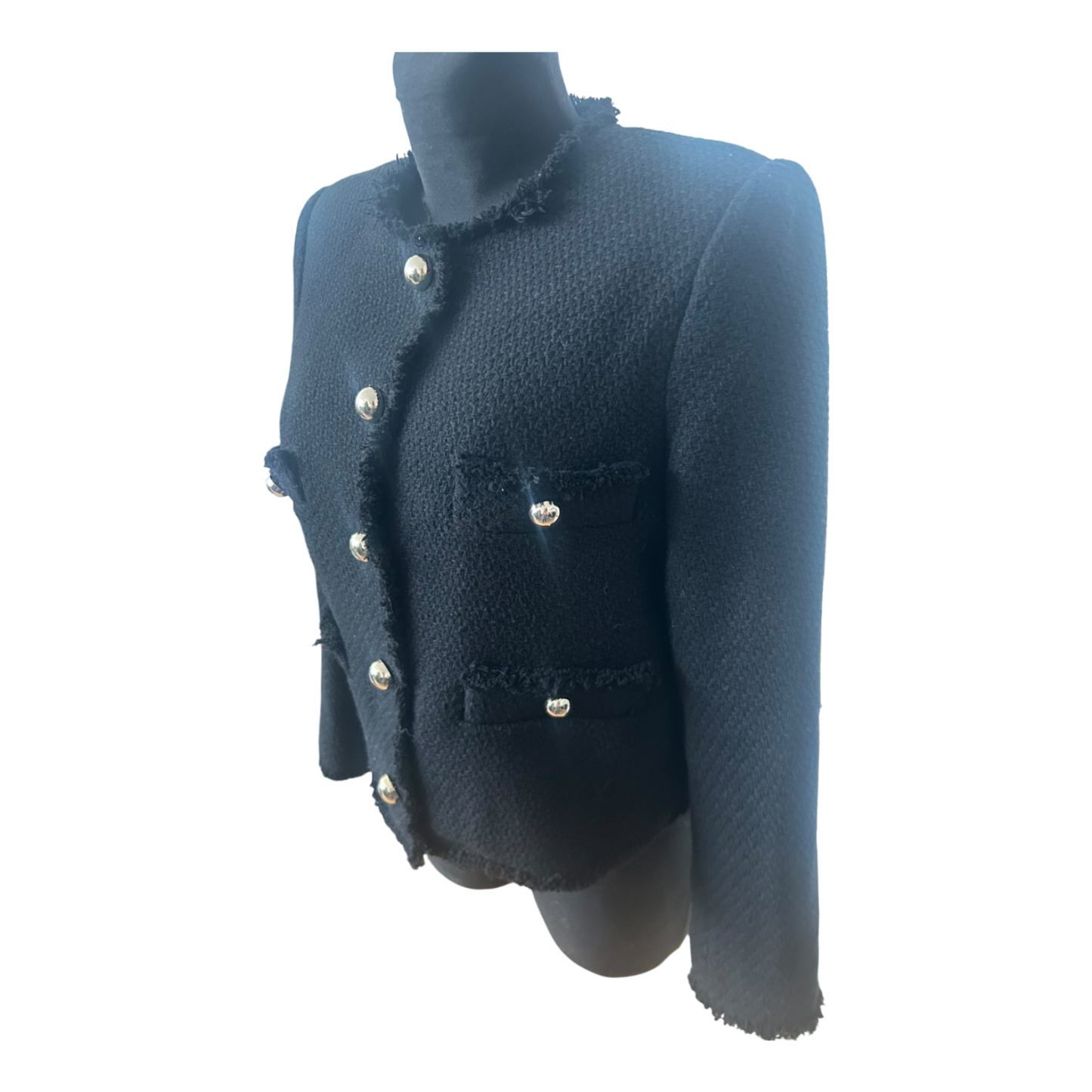 Mango Jacke Damen Gr L Schwarz Tweed Look Elegant Klassisch Goldknöpfe