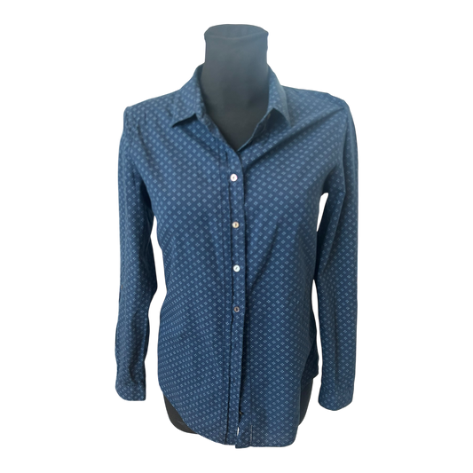 Esprit Damen Bluse Langarm Krempelärmel Gr 36 Blau Gemustert Frühling Sommer