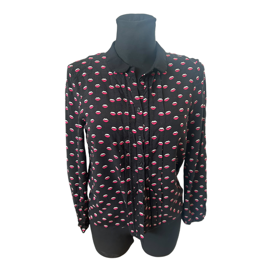 NAF NAF Damen Langarmbluse Lippenmuster Kragen Knopfleiste Größe 38