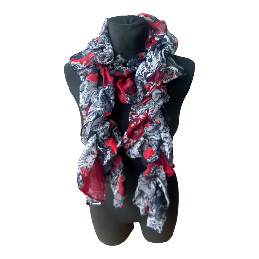 Schmaler Damen Schal mit Gummizug floral gemustert in Rot Grau Schwarz