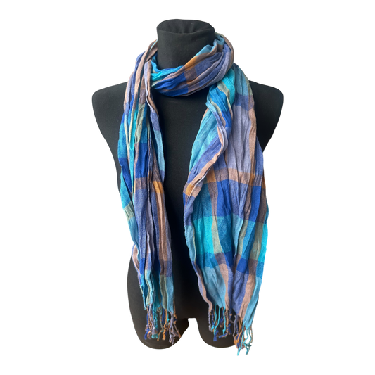 Damen Schal kariert blau türkis braun Knitteroptik weich mit Fransen