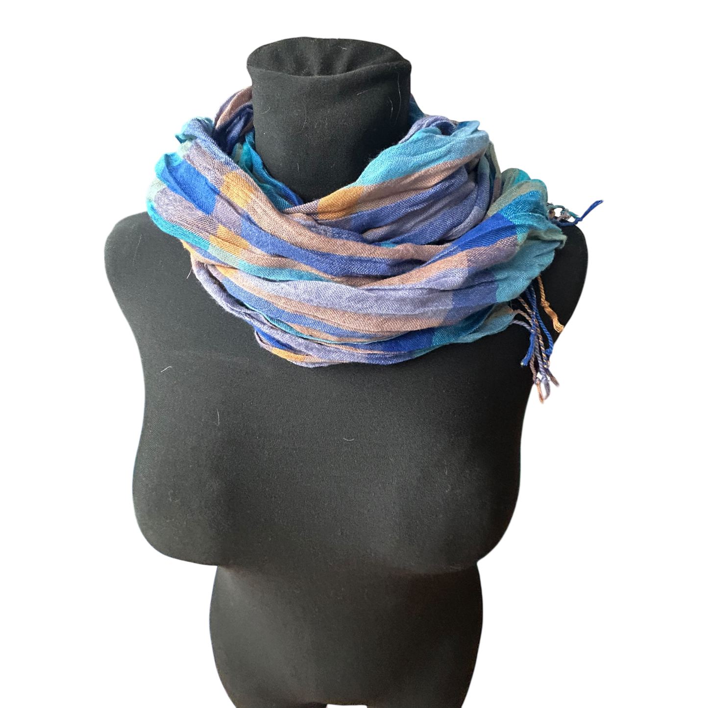 Damen Schal kariert blau türkis braun Knitteroptik weich mit Fransen