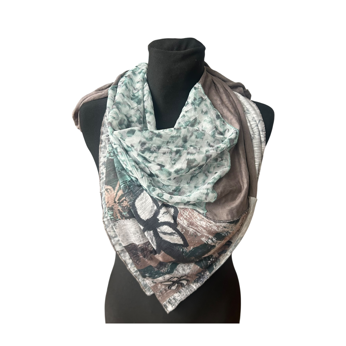 Biba Halstuch Damen Dreieck Tuch Patchwork Muster Grau Grün Chiffon Elegant