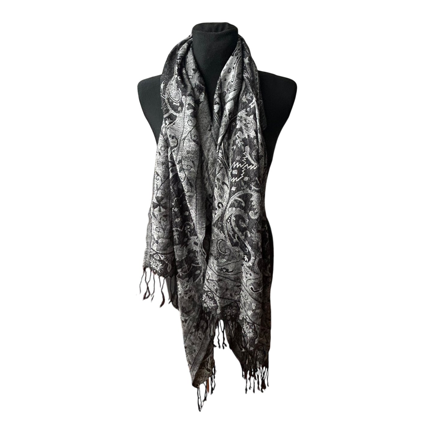 4You Damen Schal Paisley Muster Grau Fransen Elegant Leicht Viskose