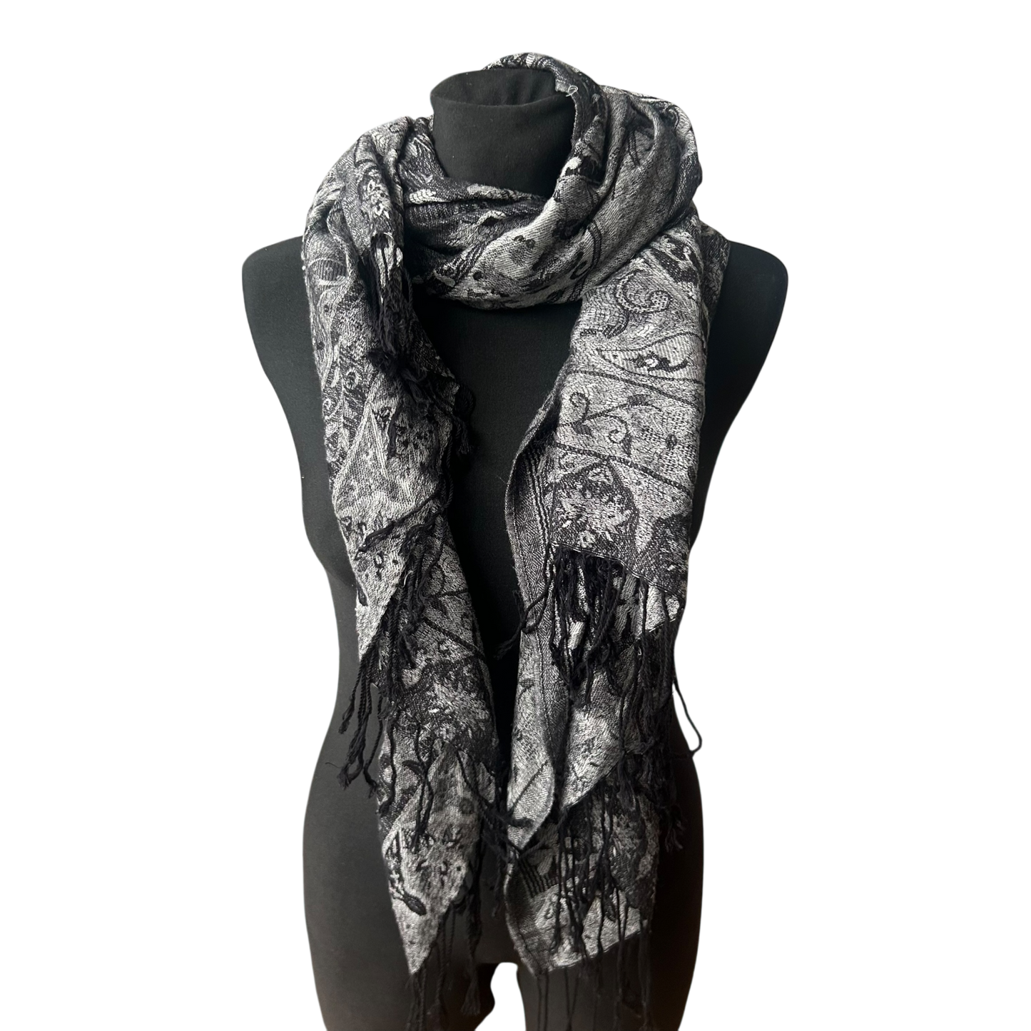 4You Damen Schal Paisley Muster Grau Fransen Elegant Leicht Viskose