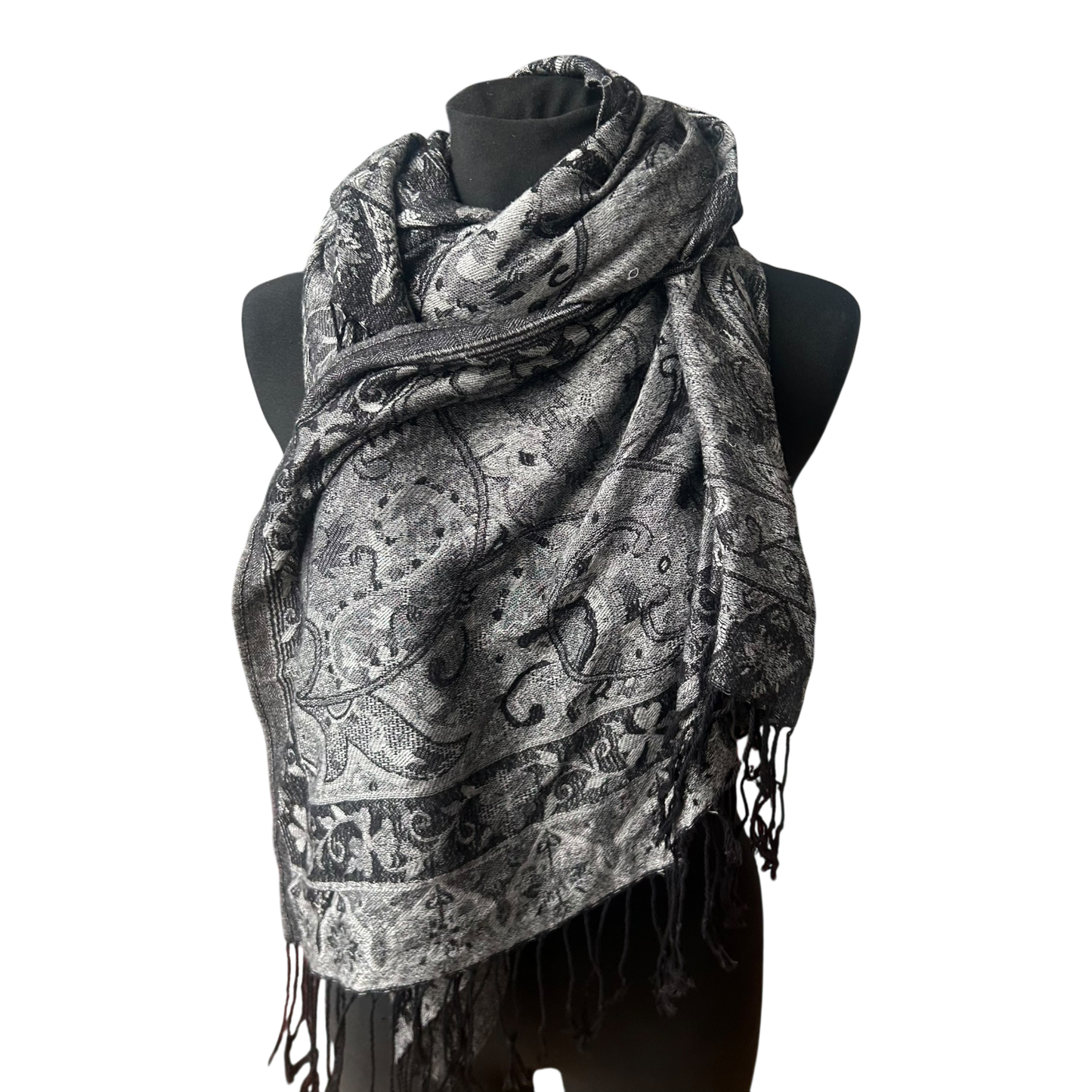 4You Damen Schal Paisley Muster Grau Fransen Elegant Leicht Viskose