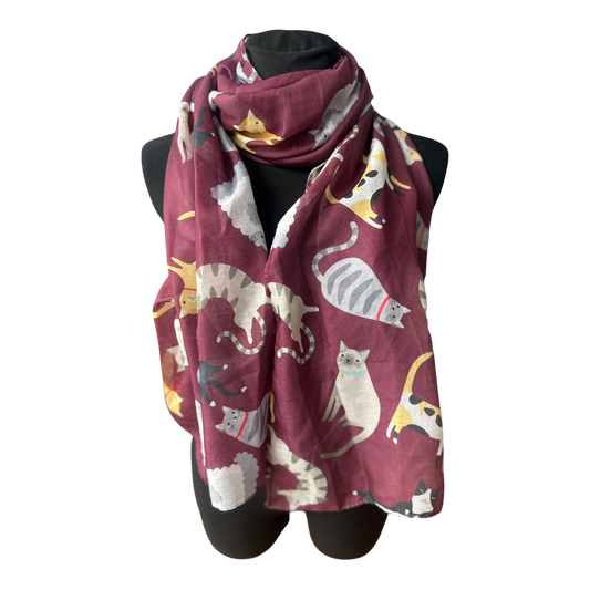 Damen Halstuch Katzenmotiv Bordeaux weich leicht Tuch Sommer Herbst