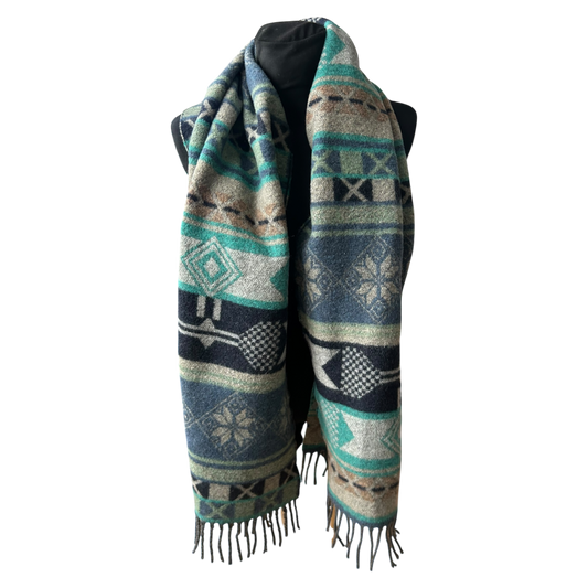 Damen Schal Esprit Wollmix Blau Grau Ethnomuster weich mit Fransen