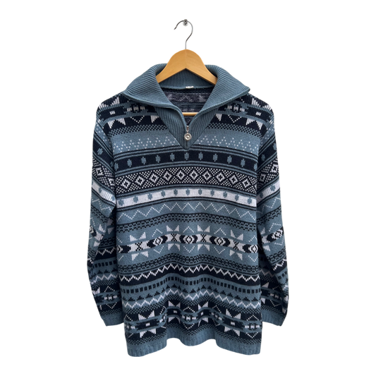 Pullover Damen Gr 40 Blau Norweger Muster Langarm Winter Strick Retro Vintage Style