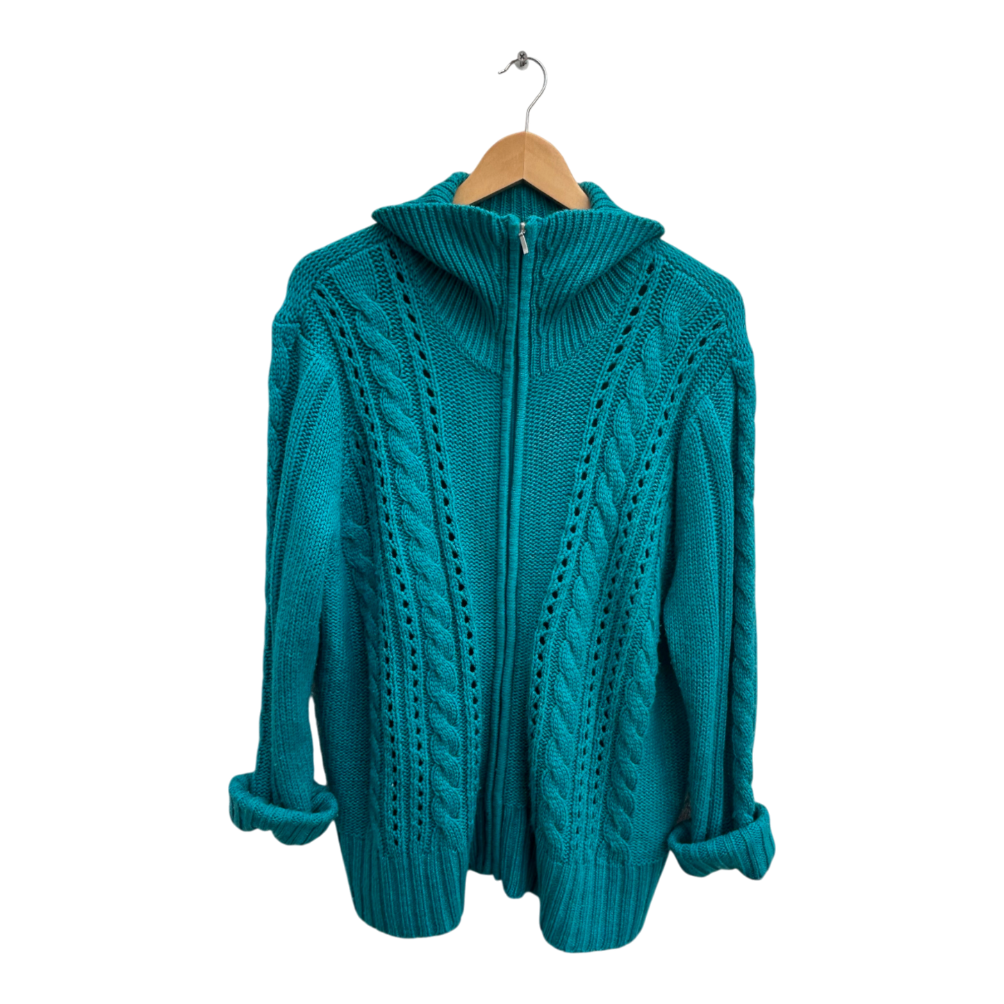 Strickjacke Damen Gr 46 Petrol Zopfmuster Langarm Reißverschluss Cardigan Pullover