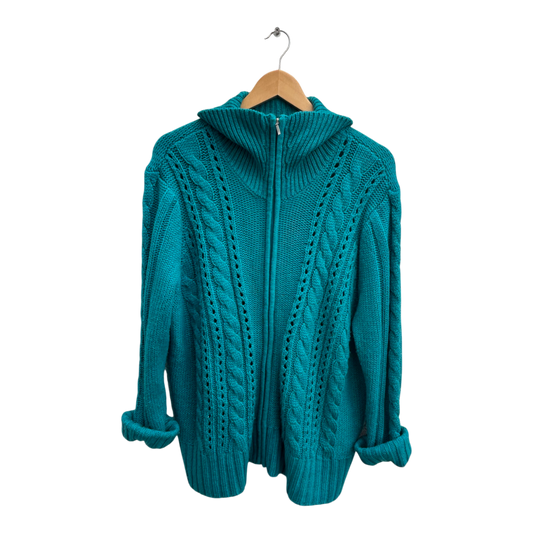 Strickjacke Damen Gr 46 Petrol Zopfmuster Langarm Reißverschluss Cardigan Pullover