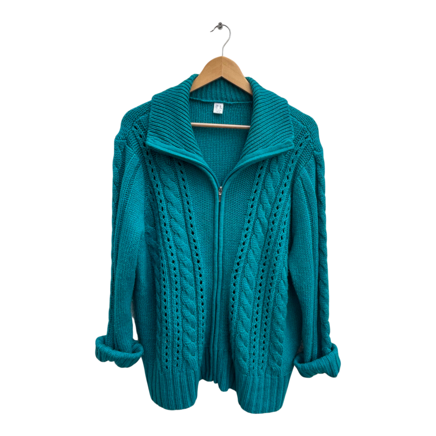 Strickjacke Damen Gr 46 Petrol Zopfmuster Langarm Reißverschluss Cardigan Pullover