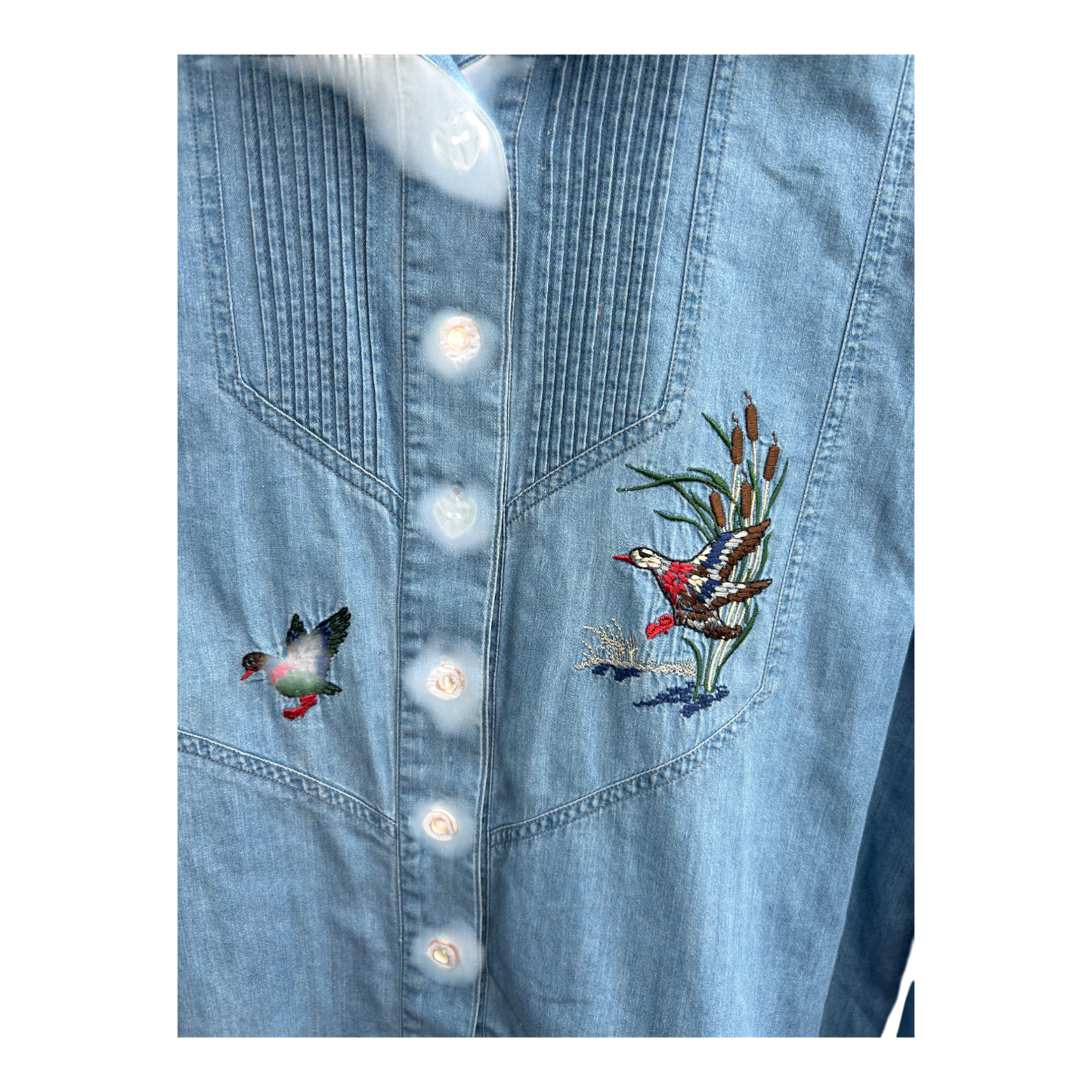 Trachtenbluse Damen Gr 44 Blau Stickerei Vögel Baumwolle Langarm Oktoberfest