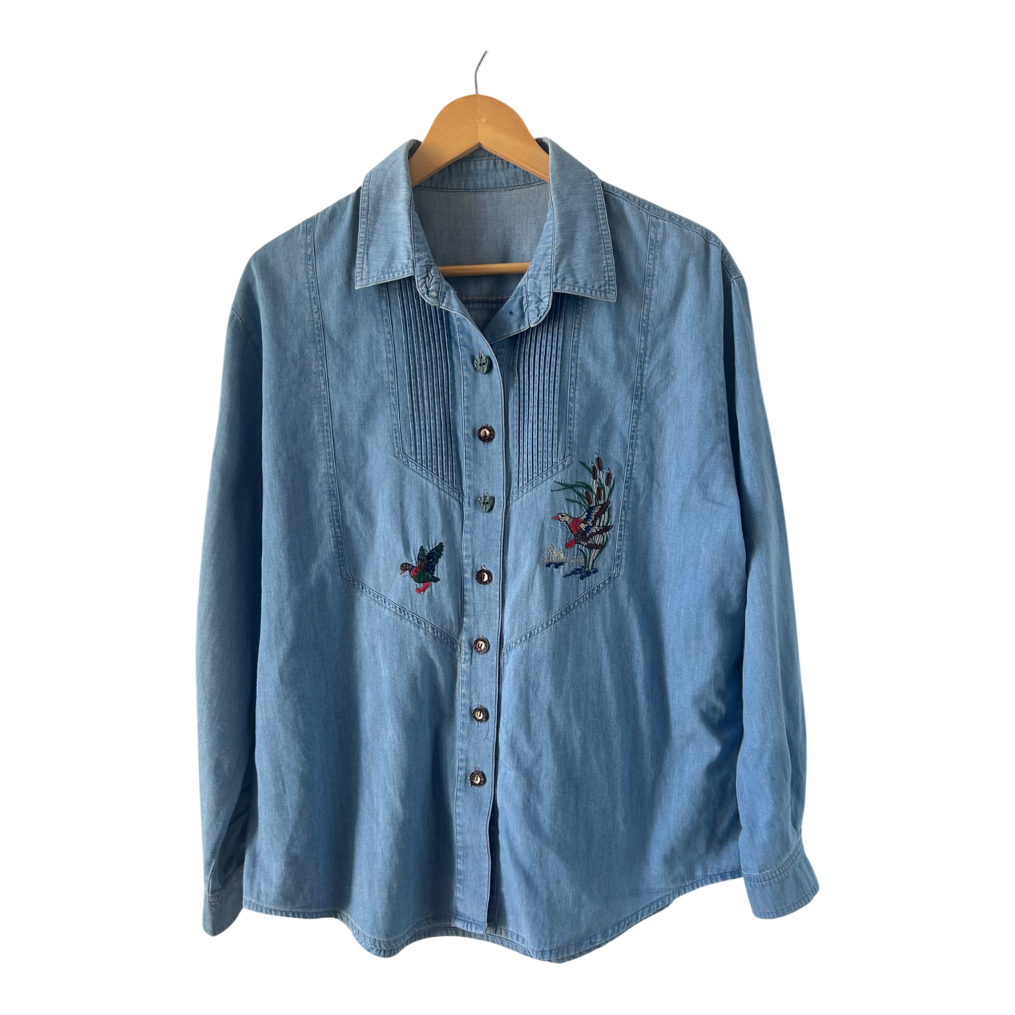 Trachtenbluse Damen Gr 44 Blau Stickerei Vögel Baumwolle Langarm Oktoberfest