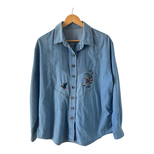 Trachtenbluse Damen Gr 44 Blau Stickerei Vögel Baumwolle Langarm Oktoberfest